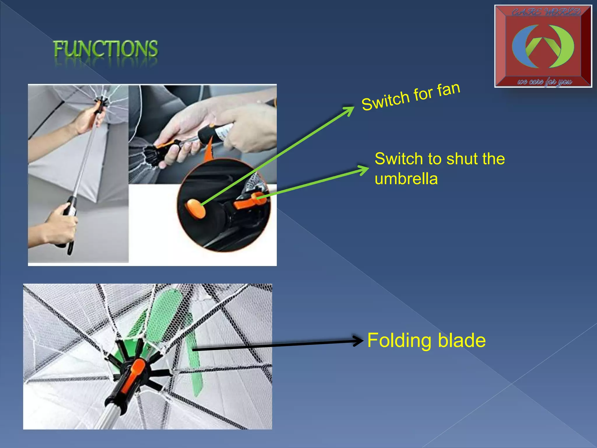 Switch to shut the
umbrella
Folding blade
 