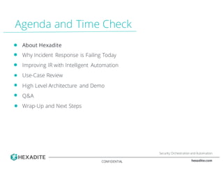 Agenda and Time Check
About Hexadite
Why Incident Response is Failing Today
Improving IR with Intelligent Automation
Use-C...