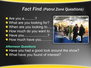 Fact Find (Patrol Zone Questions)Are you a...........? What are you looking for?When are you looking to.........?How much do you want to ..........?Have you........................?How much have you...............?Afternoon QuestionsHave you had a good look around the show?What have you found of interest?