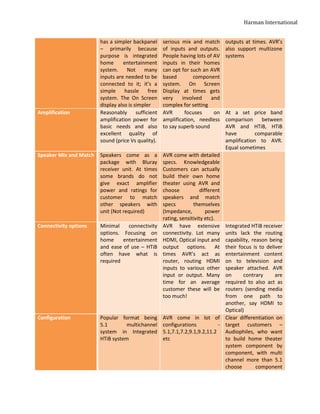 Harman International


                        has a simpler backpanel      serious mix and match         outputs at times. AVR’s
                        – primarily because          of inputs and outputs.        also support multizone
                        purpose is integrated        People having lots of AV      systems
                        home       entertainment     inputs in their homes
                        system. Not         many     can opt for such an AVR
                        inputs are needed to be      based         component
                        connected to it; it’s a      system. On Screen
                        simple     hassle     free   Display at times gets
                        system. The On Screen        very     involved    and
                        display also is simpler      complex for setting
Amplification           Reasonably sufficient        AVR       focuses     on      At a set price band
                        amplification power for      amplification, needless       comparison     between
                        basic needs and also         to say superb sound           AVR and HTiB, HTiB
                        excellent quality of                                       have         comparable
                        sound (price Vs quality).                                  amplification to AVR.
                                                                                   Equal sometimes
Speaker Mix and Match   Speakers come as a           AVR come with detailed
                        package with Bluray          specs. Knowledgeable
                        receiver unit. At times      Customers can actually
                        some brands do not           build their own home
                        give exact amplifier         theater using AVR and
                        power and ratings for        choose            different
                        customer to match            speakers and match
                        other speakers with          specs         themselves
                        unit (Not required)          (Impedance,          power
                                                     rating, sensitivity etc).
Connectivity options    Minimal    connectivity      AVR have extensive Integrated HTiB receiver
                        options. Focusing on         connectivity. Lot many
                                                                        units lack the routing
                        home     entertainment       HDMI, Optical input and
                                                                        capability, reason being
                        and ease of use – HTiB       output options. At their focus is to deliver
                        often have what is           times AVR’s act as entertainment content
                        required                     router, routing HDMI
                                                                        on to television and
                                                     inputs to various other
                                                                        speaker attached. AVR
                                                     input or output. Many
                                                                        on      contrary      are
                                                     time for an averagerequired to also act as
                                                     customer these will be
                                                                        routers (sending media
                                                     too much!          from one path to
                                                                        another, say HDMI to
                                                                        Optical)
Configuration           Popular format being AVR come in lot of Clear differentiation on
                        5.1        multichannel configurations        - target customers –
                        system in Integrated 5.1,7.1,7.2,9.1,9.2,11.2   Audiophiles, who want
                        HTiB system             etc                     to build home theater
                                                                        system component by
                                                                        component, with multi
                                                                        channel more than 5.1
                                                                        choose        component
 