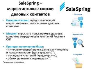 SaleSpring –
маркетинговые списки
деловых контактов
• Интернет-сервис, предоставляющий
маркетинговые списки прямых деловых
контактов
• Миссия: упростить поиск прямых деловых
контактов сотрудников и компаний России и
СНГ
• Принцип пополнения базы:
- интеллектуальный поиск данных в Интернете
и их квалификация (дата краулинг)*;
- вклад пользователей (краудсорсинг);
- обмен данными с партнерами*.
*в процессе реализации
 