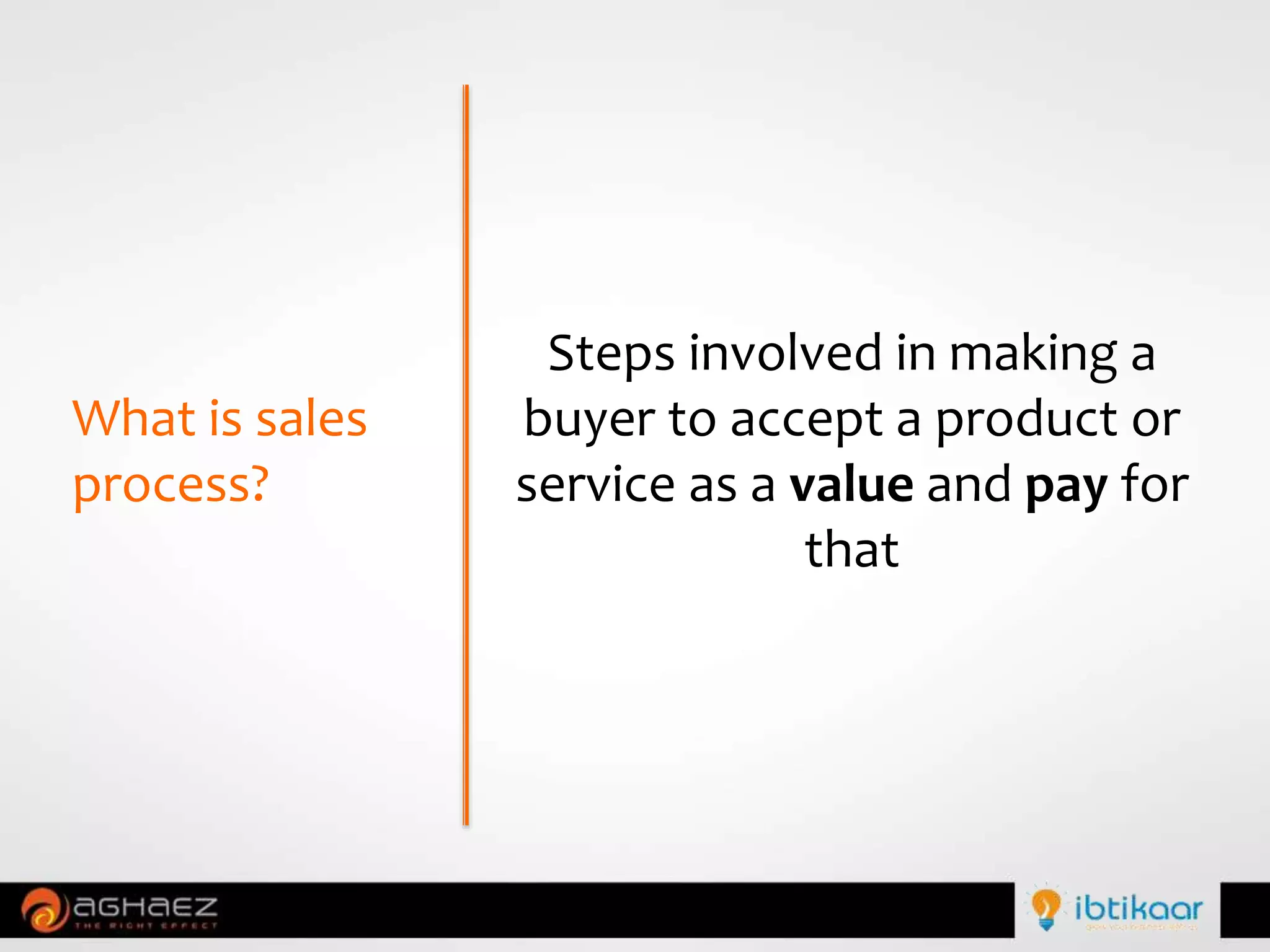 What is sales
process?
Steps involved in making a
buyer to accept a product or
service as a value and pay for
that
 