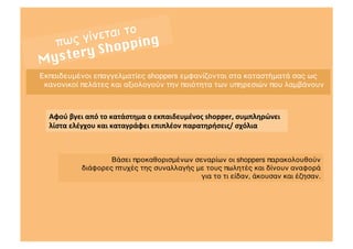 ται το
  πως γίνε opping
Myst ery Sh
Εκπαιδευμένοι επαγγελματίες shoppers εμφανίζονται στα καταστήματά σας ως
 κανονικοί πελάτες και αξιολογούν την ποιότητα των υπηρεσιών που λαμβάνουν?



  Αφού	
 βγει	
 από	
 το	
 κατάστημα	
 ο	
 εκπαιδευμένος	
 shopper,	
 συμπληρώνει	
 
  λίστα	
 ελέγχου	
 και	
 καταγράφει	
 επιπλέον	
 παρατηρήσεις/	
 σχόλια	
 



                      Βάσει προκαθορισμένων σεναρίων οι shoppers παρακολουθούν ?
              διάφορες πτυχές της συναλλαγής με τους πωλητές και δίνουν αναφορά ?
                                              για το τι είδαν, άκουσαν και έζησαν. ?
 