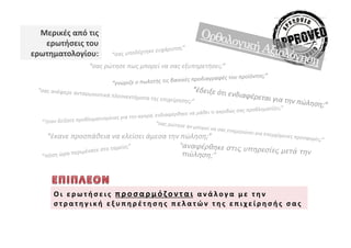 Μερικές	
 από	
 τις	
                                                            Ορθολ
   ερωτήσεις	
 του	
                                                                             ογική
                                                          τηκε	
 ευχάρισ
                                                                          τα  ;”	
                      Αξιολ
ερωτηματολογίου:	
                       “σας	
 υποδέχ                                                      όγηση
                                “σας	
 ρώτησε	
 πως	
 μπορεί	
 να	
 σας	
 εξυπηρετήσει;”	
 
                                                                                                          φές	
 του	
 προϊόντος;”	
 
                                              	
 “γνώριζε	
 ο	
 πωλη τής	
 τις	
 βασικές	
 προδιαγρα
  “σας	
 ανέφερε	
 αντ                                                    “έδειξε	
 ότι
                         αγωνιστικά	
 πλεονε                                              	
 ενδιαφέρε
                                             κτήματα	
 της	
 επιχεί
                                                                      ρησης;”	
                        ται	
 για	
 την
                                                                                                                         	
 π                                   ώληση;       ”	
 
                                                                                                                                                     ίζει;”	
 
                                                                                                  ει	
 τι	
 α    κριβώς	
 σας	
 προβληματ
                                                                      ενδιαφέρθηκε	
 να	
 μάθ
                              ηματισμένος	
 για	
 την	
 αγορά,	
 
    “‘όταν	
 δείξατε	
 προβλ                                        “σας	
 ρώτησε
                                                                                    	
 αν	
 μπορεί	
 να
                                                                                                              	
 σας	
 ενημερώ
                                                                                                                                    νει	
 για	
 επερχ
       “έκανε	
 προσπάθεια	
 να	
 κλείσει	
 άμεσα	
 την	
 πώληση;”	
                                                                             όμενες	
 προσ
                                                                                                                                                                      φορές;”	
 
                                            αμείο;”	
                                 “αναφέρθηκε στις υπ
                 	
 περιμένατε	
 στο	
 τ                                             πώληση;”
                                                                                                           ηρεσίες μετά την
    “πόση	
 ώρα




           Ο ι 	
  ε ρ ω τ ή σ ε ι ς 	
  π ρ ο σ α ρ μ ό ζ ο ν τ α ι 	
  α ν ά λ ο γ α 	
  μ ε 	
  τ η ν 	
 
           σ τ ρ α τ η γ ι κ ή 	
  ε ξ υ π η ρ έ τ η σ η ς 	
  π ε λ α τ ώ ν 	
  τ η ς 	
  ε π ι χ ε ί ρ η σ ή ς 	
  σ α ς 	
 
 