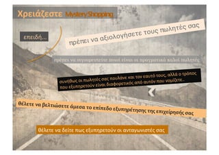 Χρειάζεστε	
  MysteryShopping	
                                                                                  ?
                                                                         ητές σας
                                                               τ ους πωλ
   επειδή...	
                                      λ ογήσετε
                              πρέπε         ι να αξιο
                              ?
                    πρέπει να σιγουρευτείτε ποιοί είναι οι πραγµατικά καλοί πωλητές

                                                                                                                    ο	
 τρόπος	
 
                                                                  υλάνε	
 και	
 το ν	
 εαυτό	
 τους,	
 αλλά	
 
                       συνήθω     ς	
 οι	
 πωλητές	
 σας	
 πο           ς	
 από	
 αυτόν	
 που	
 νο
                                                                                                             μίζετε..	
 
                                                         ι	
 διαφορετικό
                       πο υ	
 εξυπηρετούν	
 είνα


θέλετε	
 να	
 βελτιώσετ
                         ε	
 άμεσα	
 το	
 επίπεδο	
 ε
                                                          ξυπ            ηρέτησης	
 της	
 επιχείρ
                                                                                                               ησής	
 σας	
 


           θέλετε	
 να	
 δείτε	
 πως	
 εξυπηρετούν	
 οι	
 ανταγωνιστές	
 σας	
 
 