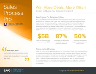 Sales
Process
Pro

Win More Deals, More Often
Energize and Sustain Your Richardson Investment

Sales Process Pro Richardson Edition
You’ve made the investment in Richardson methodology and training. Now you can energize
and sustain that investment even further. SAVO Sales Process Pro Richardson Edition makes
it easy for every rep, every day, to follow best practices for High Performance Selling™ and
Collaborative Account Development™ Reps are guided with coaching, content, messaging
.
and expert connections, all delivered in the context of this opportunity, at this point in the sale.
They’ll spend less time cobbling together resources and more time with customers, while
SAVO leads them through the activities, coaching, and outcomes that propel the deal forward.

$5B

IDC, 2012

50%

What US companies spent
on sales training in 2012.

What they’re saying:
“ When companies drive consistency in sales
execution through reinforcement with technology
and coaching – at the right time and in the right
context – 90% of reps achieve or exceed quota.
”

87%
Training that will be forgotten
one month later, if not
reinforced on the job.

Companies that say they
struggle to deploy a consistent
sales process.

Accelerate Best Practices
Habits are hard to break. SAVO Sales Process Pro for Richardson Edition helps change behaviors
by embedding compliance into your everyday workflow. It reminds reps to complete tasks–and
provides the tools to do it efficiently. Tasks like relationship mapping by opportunity and account.
Customizing presentations and proposals. Accessing info from the field on a smartphone or
tablet. A platform for team collaboration and social intelligence. Reps are held accountable
for verifiable outcomes and receive performance feedback along the way. It’s all in one place,
customized to reinforce your processes and objectives as they were developed and trained
by Richardson.

savogroup.com/partners/richardson

 