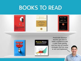 BOOKS TO READ
Predictable Revenue
teaches you how to
build a system to scale
a sales team quickly
and has tons of creative
strategies that are easy
to test and implement.
 