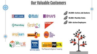 Our Valuable Customers
20,000+ Active Job Seekers
18,000+ Monthly Visits
500+ Active Employers
 