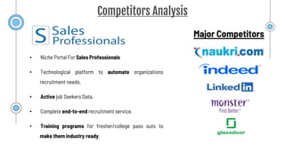 Competitors Analysis
• Niche Portal For Sales Professionals
• Technological platform to automate organizations
recruitment needs.
• Active job Seekers Data.
• Complete end-to-end recruitment service.
• Training programs for fresher/college pass outs to
make them industry ready.
Major Competitors
 