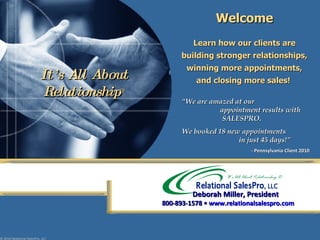 ©  2010 Relational SalesPro, LLC It’s All About Relationship ® Deborah Miller, President   800-893-1578  •  www.relationalsalespro.com Welcome Learn how our clients are building stronger relationships, winning more appointments, and closing more sales!  “ We are amazed at our  appointment results with SALESPRO.  We booked 18 new appointments  in just 45 days!” - Pennsylvania Client 2010 