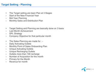 Target Setting - Planning


   •   The Target setting are been Plan at 3 Stages
   -   Start of the New Financial Year
   -   Mid Year Planning
   -   Monthly Sales and Distribution Plan


   •   Target Setting and Planning are basically done on 3 basis
   -   Last Month Achievement
   -   DPL Strategy
   -   Company Objective for that particular month

   •   The Sales Planning are made for : -
   -   Daily Activating Outlets
   -   Monthly Point of Sales Onboarding Plan
   -   Unique Activating Outlets
   -   Unique Recharging Outlets
   -   Outlets more than 100 recharge
   -   Number of Acquisition for the month
   -   Primary for the Month
   -   Revenue for month


                                                                   | 11
 