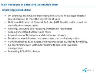 Main Functions of Sales and Distribution Team

- Improving Distribution:

   • On boarding, Training and Developing key skill and knowledge of Retail
     Sales Executive, to meet the Objectives of sales.
   • Optimum Utilization of Network Cell sites (LUT Sites) in order to met the
     desire business expectation.
   • Planning, Executing and reviewing Distribution Parameters
   • Tapping unexplored Markets and routs
   • Appointment of Distributor and distribution network.
   • Distributor wise infrastructure assessment and market expansion.
   • Achieving desired Sales target and ensure product availability & visibility.
   • Co-coordinating with Distributor relating to sales and inventory
     management.
   • Evaluating ROI of Distributors.




                                                                                    | 7
 