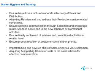 Market Hygiene and Training


   • Ensure basic Infrastructure to operate effectively of Sales and
     Distribution.
   • Attending Retailers call and redress their Product or service related
     complaints.
   • Ensure Scheme communication through Salesman and encourage
     retailers to take active part in the new schemes or promotional
     activities.
   • Ensure timely settlement of scheme and promotional activities at
     retailer level.
   • Ensure prompt resultion of customer complaint on priority.

   • Impart training and develop skills of sales officers & WDs salesman.
   • Acquiring & imparting Computer skills to the sales officers for
     effective communication




                                                                             | 9
 