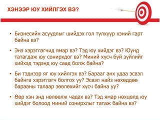 • Бизнесийн асуудлыг шийдэх гол түлхүүр хэний гарт
байна вэ?
• Энэ хэрэглэгчид ямар вэ? Тэд юу хийдэг вэ? Юунд
татагдаж юу сонирхдог вэ? Миний хүсч буй зүйлийг
хийхэд тэдэнд юу саад болж байна?
• Би тэднээр яг юу хийлгэх вэ? Барааг анх удаа эсвэл
байнга хэрэглэгч болгох уу? Эсвэл найз нөхөддөө
барааны талаар зөвлөхийг хүсч байна уу?
• Өөр хэн энд нөлөөлж чадах вэ? Тэд ямар нөхцөлд юу
хийдэг болоод миний сонирхлыг татаж байна вэ?
ХЭНЭЭР ЮУ ХИЙЛГЭХ ВЭ?
 