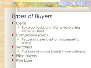 Types of Buyers
 Loyals
 Buy a particular brand on a more or less
consistent basis
 Competitive loyals
 People who are loyal to the competing
brand
 Switchers
 Purchase of various brands in one category
 Price buyers
 Non Users
 