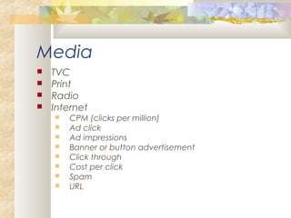 Media
 TVC
 Print
 Radio
 Internet
 CPM (clicks per million)
 Ad click
 Ad impressions
 Banner or button advertisement
 Click through
 Cost per click
 Spam
 URL
 
