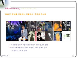 129
• 주유성 음반의 가수들이 한곳에 모여 7080 콘서트 진행
• “MBC FM 배철수의 7080” 과 연계 , 7080 콘서트 전개
: 10 월의 마지막 밤 진행
7080 년 감성을 대표하는 이들과의 주유성 콘서트
주유스타 주유성★ _ 주유성 콘서트 _Alt1
 