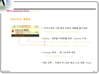 134
360˚Communication_ Program
주유스타★ 통행권
• “ 주유스타로 기분 좋은 자동차 생활을 즐기세요”
* 주유할인 benefit 전달 및 간접체험 유도
• Feature : 전환율 극대화를 위한 material 구성
(i) GS 칼텍스 주유소 방문유도 - 700 원 주유 Voucher
(ii) On-line / Mobile 방문유도 – Serial# Lucky draw
• Coverage 확보 : 총 100 만장 배포
* 전체 승용 자동차의 10% coverage
• 배포 전략 : 자동차 주 / 정차 동선 上의 대형 Venue
 