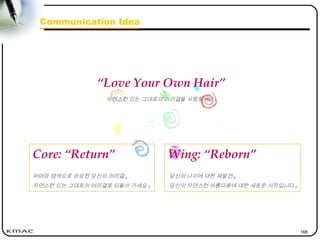 168
Communication Idea
“Love Your Own Hair”
자연스런 있는 그대로의 머리결을 사랑하세요 .
Core: “Return” Wing: “Reborn”
퍼머와 염색으로 손상된 당신의 머리결 ,
자연스런 있는 그대로의 머리결로 되돌아 가세요 .
당신의 나이에 대한 재발견 ,
당신의 자연스런 아름다움에 대한 새로운 시작입니다 .
 