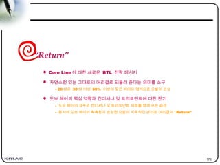 170
“Return”
 Core Line 에 대한 새로운 BTL 전략 메시지
 자연스런 있는 그대로의 머리결로 되돌려 준다는 의미를 소구
- 20 대와 30 대 여성 90% 이상이 잦은 퍼머와 염색으로 모발이 손상
 도브 헤어의 핵심 역량과 컨디셔너 및 트리트먼트에 대한 환기
- 도브 헤어의 샴푸와 컨디셔너 및 트리트먼트 세트를 함께 쓰는 습관
- 동시에 도브 헤어의 촉촉함과 손상된 모발의 지속적인 관리로 머리결의 “ Return”
 