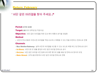 179
Period: 2/10~2/28
Target: 20 대의 대학생 및 직장여성
Objective: 비단 같은 머리결을 위한 도브 헤어 제품의 효익을 전달함
Method
- 비단의 부드러움과 자연스런 머리결을 직접 비교하고 체험할 수 있는 장을 마련하고 컨테스트 진행
Channels
- Bus Shelter/Subway: 실제 비단과 머리결을 비교할 수 있는 보드로 체험 유도 및 컨테스트 공지
- In-Store: 비단으로 싼 샘플 증정과 비단 같은 머리결 컨테스트 공지
- On-Line: 비단 같은 머리결 사진 업로드에 대한 평가와 샘플 배송 및 컨테스트 참여자 모집
- Main Street: 코엑스몰 광장에서 비단 같은 머리결 컨테스트 진행
“ 비단 같은 머리결을 찾아 주세요 .”
Return_February
 