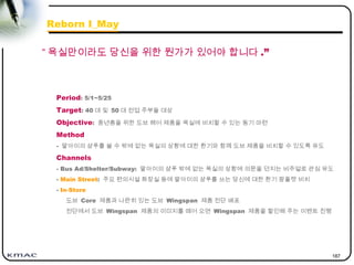 187
Period: 5/1~5/25
Target: 40 대 및 50 대 전업 주부들 대상
Objective: 중년층을 위한 도브 헤어 제품을 욕실에 비치할 수 있는 동기 마련
Method
- 딸아이의 샴푸를 쓸 수 밖에 없는 욕실의 상황에 대한 환기와 함께 도브 제품을 비치할 수 있도록 유도
Channels
- Bus Ad/Shelter/Subway: 딸아이의 샴푸 밖에 없는 욕실의 상황에 의문을 던지는 비주얼로 관심 유도
- Main Street: 주요 편의시설 화장실 등에 딸아이의 샴푸를 쓰는 당신에 대한 환기 팜플렛 비치
- In-Store
도브 Core 제품과 나란히 있는 도브 Wingspan 제품 전단 배포
전단에서 도브 Wingspan 제품의 이미지를 떼어 오면 Wingspan 제품을 할인해 주는 이벤트 진행
“ 욕실만이라도 당신을 위한 뭔가가 있어야 합니다 .”
Reborn I_May
 