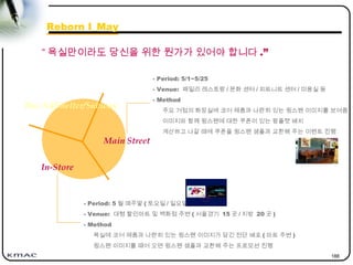 188
“ 욕실만이라도 당신을 위한 뭔가가 있어야 합니다 .”
Reborn I_May
Bus Ad/Shelter/Subway
In-Store
Main Street
- Period: 5 월 매주말 ( 토요일 / 일요일 )
- Venue: 대형 할인마트 및 백화점 주변 ( 서울경기 15 곳 / 지방 20 곳 )
- Method
욕실에 코어 제품과 나란히 있는 윙스팬 이미지가 담긴 전단 배포 ( 마트 주변 )
윙스팬 이미지를 떼어 오면 윙스팬 샘플과 교환해 주는 프로모션 진행
- Period: 5/1~5/25
- Venue: 패밀리 레스토랑 / 문화 센터 / 피트니트 센터 / 미용실 등
- Method
주요 거점의 화장실에 코어 제품과 나란히 있는 윙스팬 이미지를 보여줌
이미지와 함께 윙스팬에 대한 쿠폰이 있는 팜플렛 배치
계산하고 나갈 때에 쿠폰을 윙스팬 샘플과 교환해 주는 이벤트 진행
 