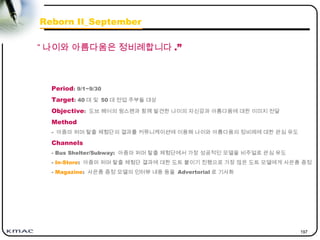 197
Period: 9/1~9/30
Target: 40 대 및 50 대 전업 주부들 대상
Objective: 도브 헤어의 윙스팬과 함께 발견한 나이의 자신감과 아름다움에 대한 이미지 전달
Method
- 아줌마 퍼머 탈출 체험단의 결과를 커뮤니케이션에 이용해 나이와 아름다움의 정비례에 대한 관심 유도
Channels
- Bus Shelter/Subway: 아줌마 퍼머 탈출 체험단에서 가장 성공적인 모델을 비주얼로 관심 유도
- In-Store: 아줌마 퍼머 탈출 체험단 결과에 대한 도트 붙이기 진행으로 가장 많은 도트 모델에게 사은품 증정
- Magazine: 사은품 증정 모델의 인터뷰 내용 등을 Advertorial 로 기사화
“ 나이와 아름다움은 정비례합니다 .”
Reborn II_September
 