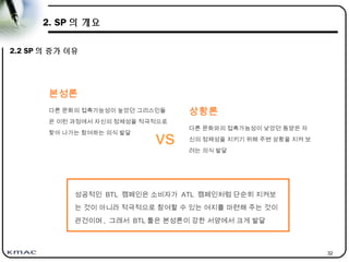 32
2. SP 의 개요
2.2 SP 의 증가 이유
vs
다른 문화의 접촉가능성이 높았던 그리스인들
은 이런 과정에서 자신의 정체성을 적극적으로
찾아 나가는 참여하는 의식 발달
본성론
다른 문화와의 접촉가능성이 낮았던 동양은 자
신의 정체성을 지키기 위해 주변 상황을 지켜 보
려는 의식 발달
상황론
성공적인 BTL 캠페인은 소비자가 ATL 캠페인처럼 단순히 지켜보
는 것이 아니라 적극적으로 참여할 수 있는 여지를 마련해 주는 것이
관건이며 , 그래서 BTL 툴은 본성론이 강한 서양에서 크게 발달
 