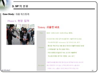 51
3. SP 의 분류
Case Study: 다음 티스토리
Tistory 리플렛 배포
Time 08:30 ~ 10:30 / 11:30 ~ 14:30 ( 2Time 운영 )
Contents
티스토리 행사 현장 집객 유도를 위한 리플렛 제작 및 배포
: 티스토리에 대한 Information 및 EVENT URL 표기
- 행사장 주변 주요 유동 동선 에서의 리플렛 배포단 운영
( 지하철 출구 및 주요 빌딩 주변 )
- 커피 전문점 마일리지 카드 크기의 리플렛에
티스토리 홍보 문구와 이벤트 URL 표기
Key point
리플렛 배포를 통해 현장 행사장으로 집객을 유도하는 동시에
행사 현장까지 가지 않는 고객에 대한 메시지 노출 효과
이벤트 URL 노출로 온라인 페이지 추가 유입 기대
Phase 1. 현장 집객
 