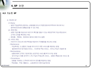 76
4. SP 수단
4.3 기능형 SP
4) 제도형 SP
(1) Stamp
- 일정 구입금액에 상당하는 스탬프를 모아서 규정된 종이에 부착하여 제시하거나
송부하면 준비된 경품을 받을 수 잇는 제도
(2) 회원 제도
- 상품 구입자를 대상으로 여러가지 특전을 얻을 수 있는 회원조직에 가입시킴으로서
고객의 고정을 촉진하는 제도
- 화장품 , 백화점 , 정유회사 등에서 회원 카드 발행
(3) 서비스 제도
- 여러가지 서비스에 의한 특전을 제공하여 구매활동을 유도하는 방법
- Maintenance
. 구입후에도 그 상품의 기능을 유지시키기 위한 서비스를 제공하는 방법
. 엘리베이터의 정기점검 서비스 , 기간한정 무료 서비스 , 피아노구입시 조율권 등
- Merchandising
. 상품자체에 고객의 기호에 맞는 보조적인 서비스를 부가시키는 방법
. 반지구입시 이름 새겨주기 , PC 구입자 무료교육 서비스 , 상품의 특별 포장 서비스 등
- Convenience
. 상품을 구매하는 고객에게 여러가지 편의를 제공하는 방법
. 무료배달 , 무료 셔틀버스 , 쇼핑센터의 어린이 놀이방 등
 