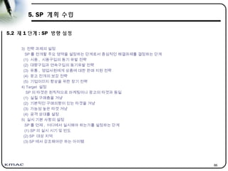 86
5. SP 계획 수립
5.2 제 1 단계 : SP 방향 설정
3) 전략 과제의 설정
SP 를 전개할 주요 영역을 설정하는 단계로서 중심적인 해결과제를 결정하는 단계
(1) 시용 , 시용구입의 동기 유발 전략
(2) 대량구입과 연속구입의 동기유발 전략
(3) 유통 , 영업사원에게 상품에 대한 판매 지원 전략
(4) 광고 전개의 보강 전략
(5) 기업이미지 향상을 위한 장기 전략
4) Target 설정
SP 의 타겟은 원칙적으로 마케팅이나 광고의 타겟과 동일
(1) 실질 구매층을 겨냥
(2) 기본적인 구매의향이 있는 타겟을 겨냥
(3) 가능성 높은 타겟 겨냥
(4) 공격 상대를 설정
5) 실시 기본 사항의 설정
SP 를 언제 , 어디에서 실시해야 하는가를 설정하는 단계
(1) SP 의 실시 시기 및 빈도
(2) SP 대상 지역
(3) SP 에서 강조해야만 하는 아이템
 