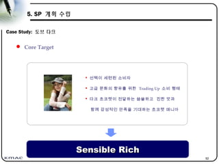 92
5. SP 계획 수립
Case Study: 도브 다크
 Core Target
 선택이 세련된 소비자
 고급 문화의 향유를 위한 Trading Up 소비 행태
 다크 초코렛이 전달하는 씁쓸하고 진한 맛과
함께 감성적인 만족을 기대하는 초코렛 매니아
Sensible RichSensible Rich
 