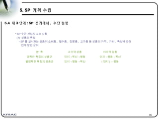 95
5. SP 계획 수립
5.4 제 3 단계 : SP 전개매체 , 수단 설정
* SP 수단 선정시 고려 사항
(1) 상품의 특성
- SP 를 실시하는 상품이 소비품 , 필수품 , 전문품 , 고가품 등 상품의 가격 , 가치 , 특성에 따라
전개 방법 상이
분 류 고가격 상품 저가격 상품
명확한 특징의 상품군 인지 →확신 →행동 인지 →행동 →확신
불명확한 특징의 상품군 인지 →행동 →확신 ( 인지 ) → 행동
 