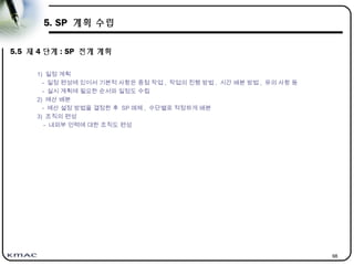 98
5. SP 계획 수립
5.5 제 4 단계 : SP 전개 계획
1) 일정 계획
- 일정 편성에 있어서 기본적 사항은 중점 작업 , 작업의 진행 방법 , 시간 배분 방법 , 유의 사항 등
- 실시 계획에 필요한 순서와 일정도 수립
2) 예산 배분
- 예산 설정 방법을 결정한 후 SP 매체 , 수단별로 적정하게 배분
3) 조직의 편성
- 내외부 인력에 대한 조직도 편성
 