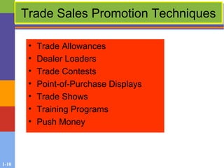 1-10
Trade Sales Promotion TechniquesTrade Sales Promotion Techniques
• Trade Allowances
• Dealer Loaders
• Trade Contests
• Point-of-Purchase Displays
• Trade Shows
• Training Programs
• Push Money
 