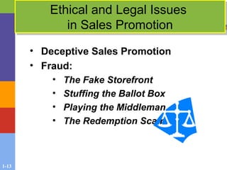 1-13
Ethical and Legal Issues
in Sales Promotion
Ethical and Legal Issues
in Sales Promotion
• Deceptive Sales Promotion
• Fraud:
• The Fake Storefront
• Stuffing the Ballot Box
• Playing the Middleman
• The Redemption Scam
 