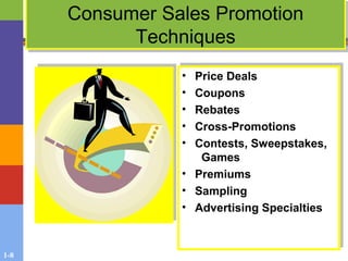 1-8
Consumer Sales Promotion
Techniques
Consumer Sales Promotion
Techniques
• Price Deals
• Coupons
• Rebates
• Cross-Promotions
• Contests, Sweepstakes,
Games
• Premiums
• Sampling
• Advertising Specialties
• Price Deals
• Coupons
• Rebates
• Cross-Promotions
• Contests, Sweepstakes,
Games
• Premiums
• Sampling
• Advertising Specialties
 
