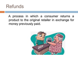 Refunds
A process in which a consumer returns a
product to the original retailer in exchange for
money previously paid.
 