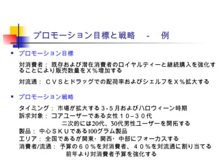 プロモーション目標と戦略　－　例
 プロモーション目標
対消費者： 既存および潜在消費者のロイヤルティーと継続購入を強化す
ることにより販売数量をＸ％増加する
対流通： ＣＶＳとドラッグでの配荷率およびシェルフをＸ％拡大する
 プロモーション戦略
タイミング： 市場が拡大する３‐５月およびハロウィーン時期
訴求対象： コアユーザーである女性１０―３０代
　　　　　　　二次的には20代、30代男性ユーザーを開拓する
製品： 中心ＳＫＵである100グラム製品
エリア： 全国であるが関東・関西・中部にフォーカスする
消費者/流通： 予算の６０％を対消費者、４０％を対流通に割り当てる
　　　　　　　　　前年より対消費者予算を強化する
 