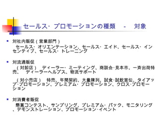 セールス・プロモーションの種類　－　対象
 対社内販促（営業部門）
　　セールス・オリエンテーション、セールス・エイド、セールス・イン
センティブ、セールス・トレーニング
　
 対流通販促
　　（対卸店）　ディーラー・ミーティング、商談会･見本市、一斉出荷特
売、　ディーラーヘルプス、物流サポート
　　（対小売店）　特売、年間契約、大量陳列、試食･試飲宣伝、タイアッ
プ･プロモーション、プレミアム・プロモーション、クロス･プロモー
ション
 対消費者販促
　　懸賞コンテスト、サンプリング、プレミアム・パック、モニタリング
、デモンストレーション、プロモーション･イベント
 