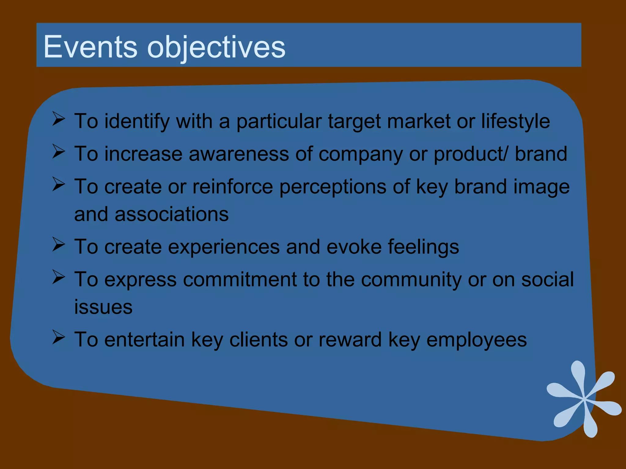 Events objectives
 To identify with a particular target market or lifestyle
 To increase awareness of company or product/ brand
 To create or reinforce perceptions of key brand image
and associations
 To create experiences and evoke feelings
 To express commitment to the community or on social
issues
 To entertain key clients or reward key employees
 