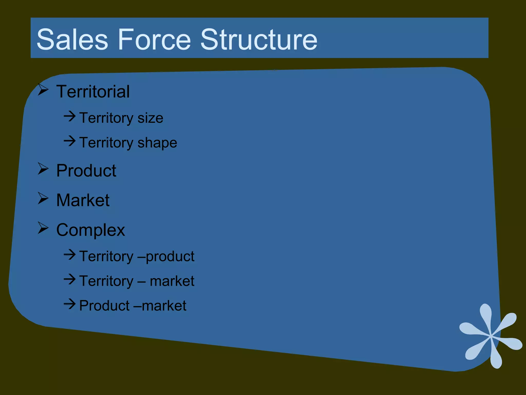 Sales Force Structure
 Territorial
Territory size
Territory shape
 Product
 Market
 Complex
Territory –product
Territory – market
Product –market
 