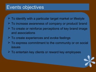 Events objectives
 To identify with a particular target market or lifestyle
 To increase awareness of company or product/ brand
 To create or reinforce perceptions of key brand image
and associations
 To create experiences and evoke feelings
 To express commitment to the community or on social
issues
 To entertain key clients or reward key employees
 