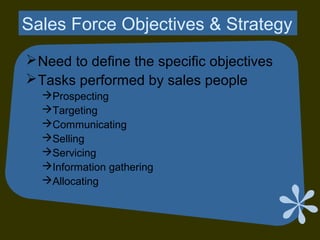 Sales Force Objectives & Strategy
Need to define the specific objectives
Tasks performed by sales people
Prospecting
Targeting
Communicating
Selling
Servicing
Information gathering
Allocating
 