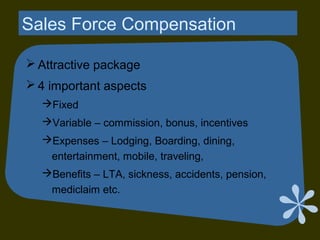 Sales Force Compensation
 Attractive package
 4 important aspects
Fixed
Variable – commission, bonus, incentives
Expenses – Lodging, Boarding, dining,
entertainment, mobile, traveling,
Benefits – LTA, sickness, accidents, pension,
mediclaim etc.
 