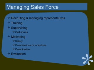 Managing Sales Force
 Recruiting & managing representatives
 Training
 Supervising
Call norms
 Motivating
Salary
Commissions or incentives
Combination
 Evaluation
 