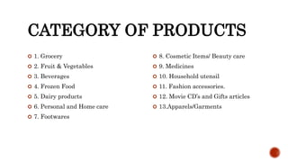 CATEGORY OF PRODUCTS
 1. Grocery
 2. Fruit & Vegetables
 3. Beverages
 4. Frozen Food
 5. Dairy products
 6. Personal and Home care
 7. Footwares
 8. Cosmetic Items/ Beauty care
 9. Medicines
 10. Household utensil
 11. Fashion accessories.
 12. Movie CD’s and Gifts articles
 13.Apparels/Garments
 