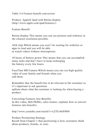 Table 5.4 Feature-benefit conversion
Product: Apple® Ipad with Retina display
(http://www.apple.com/ipad/features/)
Feature Benefit
Retina display This means you can see pictures and websites in
the clearest resolution possible.
A6X chip Which means you won’t be waiting for websites or
apps to load and you will be able
to watch videos without interruptions.
10 hours of battery power This means that you can accomplish
many tasks and don’t have to keep recharging
the battery every few hours.
FaceTime HD Camera Which means you can see high quality
video of your family and friends when you
call them.
Remember that the benefit has to be relevant to the customer so
it’s important to ask questions
upfront about what the customer is looking for when buying a
product.
Converting Features into Benefits
In this video, Bob Phibbs, sales trainer, explains how to convert
features into benefits:
http://www.youtube.com/watch?v=L2TUi4kNW0I
Product Positioning Strategy
Recall from Chapter 1 that positioning is how customers think
about products, brands, or com-
 