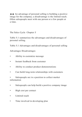 ▲▲ An advantage of personal selling is building a positive
image for the company; a disadvantage is the limited reach.
Often salespeople meet with one person or a few people at
a time.
The Sales Cycle Chapter 5
Table 5.1 summarizes the advantages and disadvantages of
personal selling.
Table 5.1 Advantages and disadvantages of personal selling
Advantages Disadvantages
• Ability to customize message
• Instant feedback from customer
• Ability to conduct product demonstrations
• Can build long-term relationships with customers
• Salespeople are in a position to collect market
information
• Salespeople can help build a positive company image
• High cost per contact
• Limited reach
• Time involved in developing plan
 